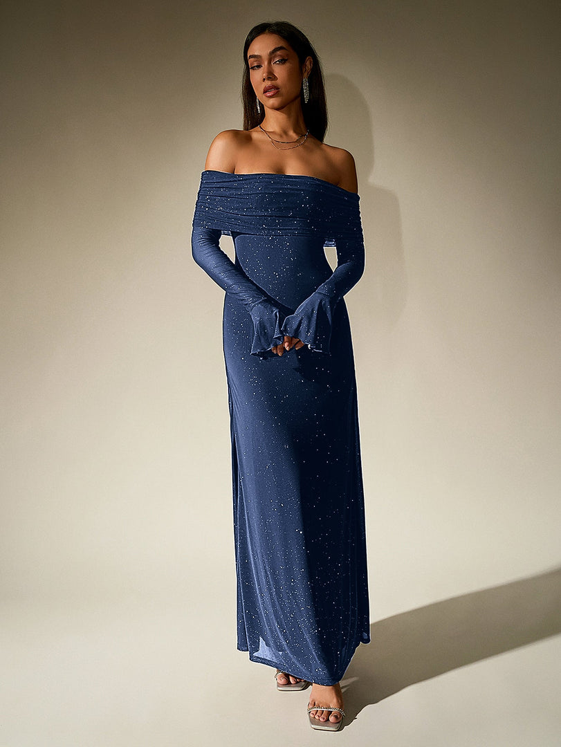Off Shoulder Flounce Sleeve Mesh Sequin Dress | Homecoming Dress
