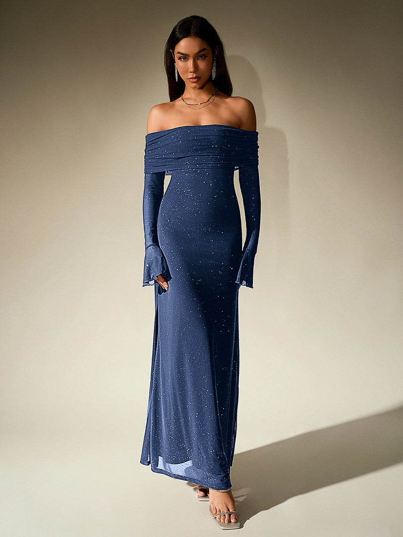 Off Shoulder Flounce Sleeve Mesh Sequin Dress | Homecoming Dress