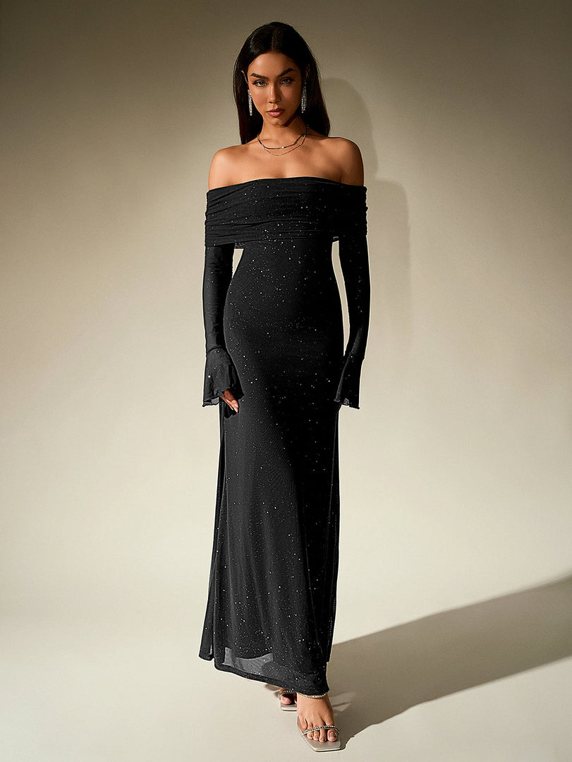 Off Shoulder Flounce Sleeve Mesh Sequin Dress | Homecoming Dress