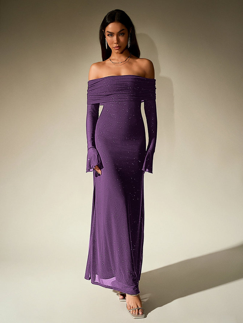 Off Shoulder Flounce Sleeve Mesh Sequin Dress | Homecoming Dress