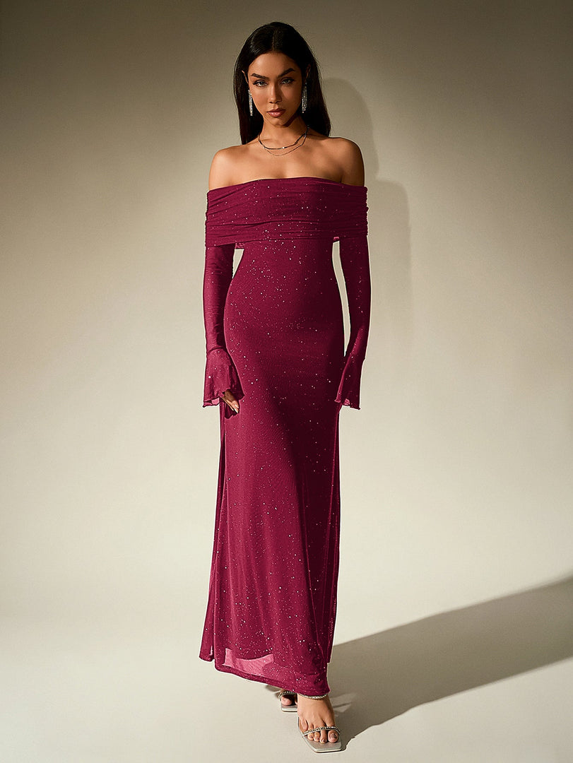 Off Shoulder Flounce Sleeve Mesh Sequin Dress | Homecoming Dress