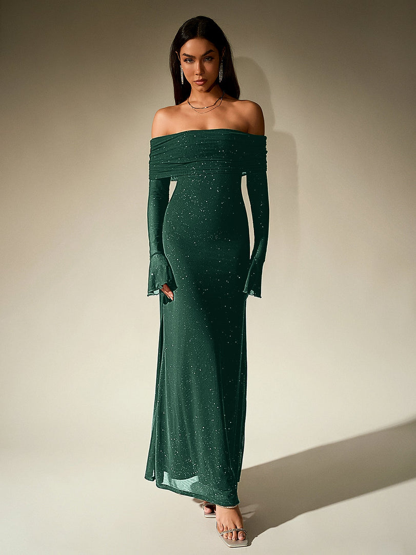 Off Shoulder Flounce Sleeve Mesh Sequin Dress | Homecoming Dress