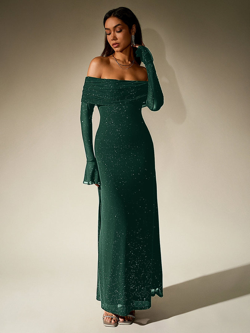 Off Shoulder Flounce Sleeve Mesh Sequin Dress | Homecoming Dress