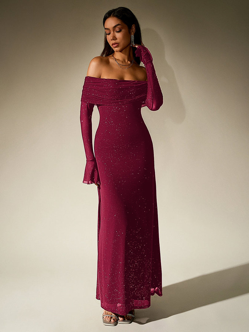 Off Shoulder Flounce Sleeve Mesh Sequin Dress | Homecoming Dress