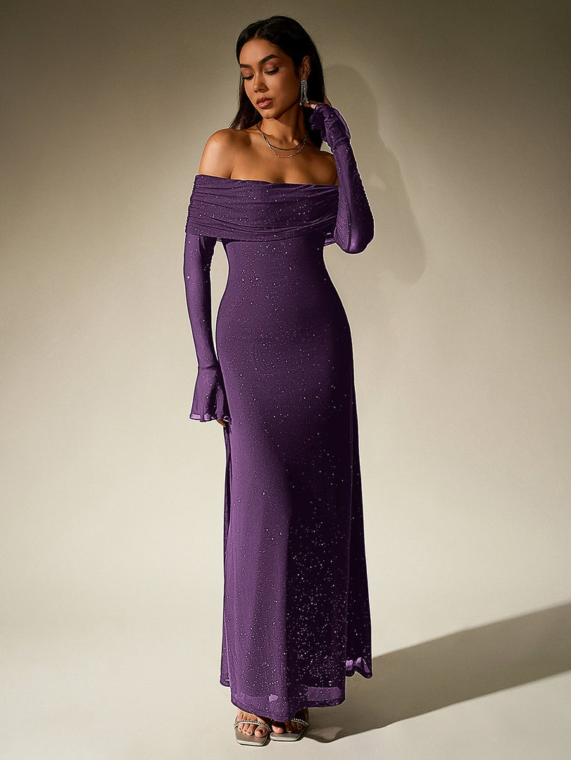 Off Shoulder Flounce Sleeve Mesh Sequin Dress | Homecoming Dress