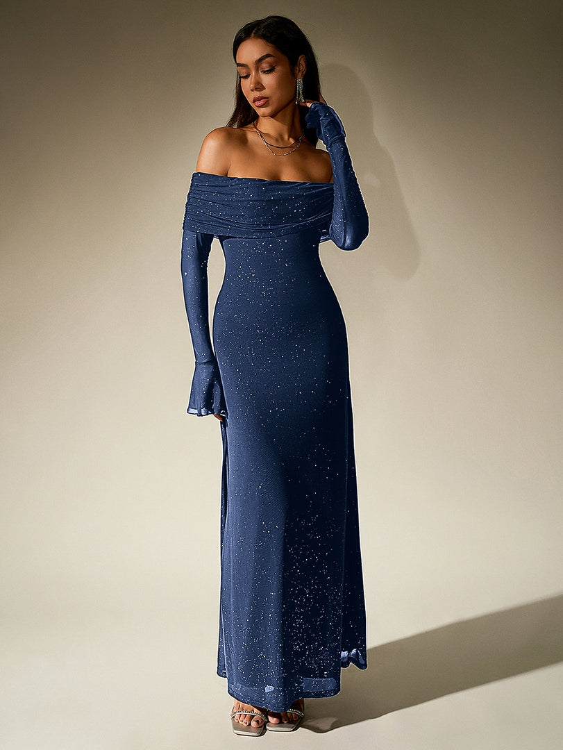Off Shoulder Flounce Sleeve Mesh Sequin Dress | Homecoming Dress