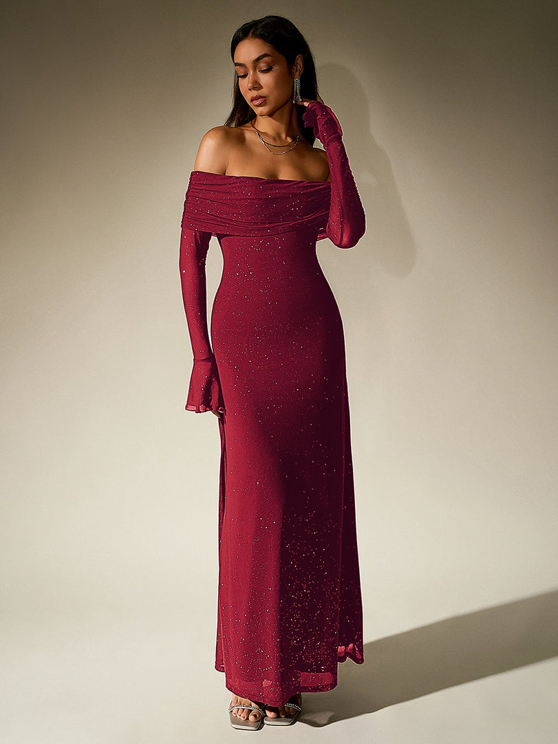 Off Shoulder Flounce Sleeve Mesh Sequin Dress | Homecoming Dress