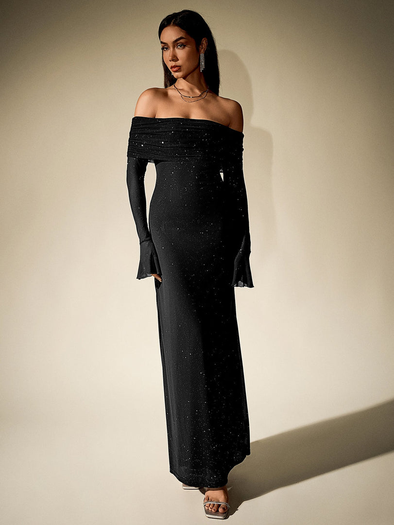 Off Shoulder Flounce Sleeve Mesh Sequin Dress | Homecoming Dress