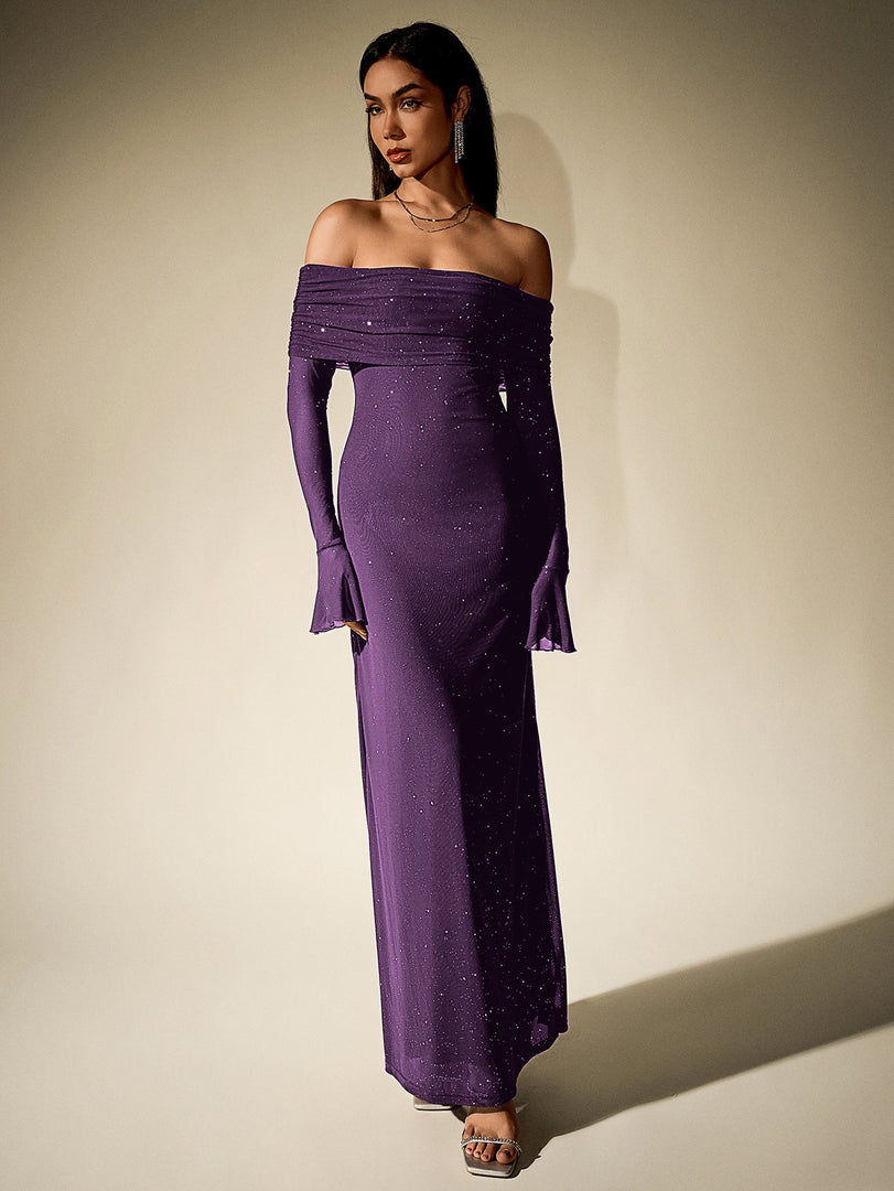 Off Shoulder Flounce Sleeve Mesh Sequin Dress | Homecoming Dress