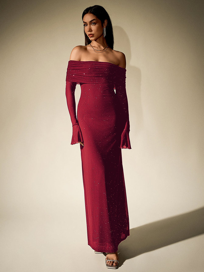 Off Shoulder Flounce Sleeve Mesh Sequin Dress | Homecoming Dress