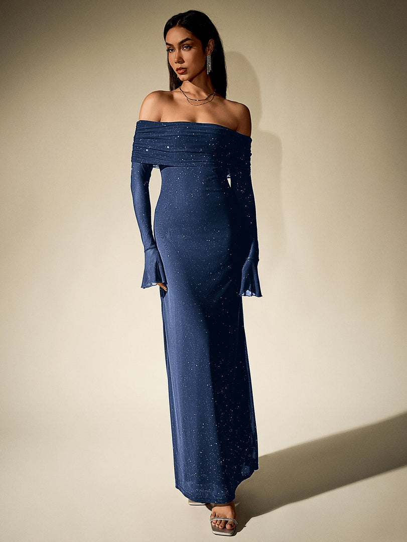 Off Shoulder Flounce Sleeve Mesh Sequin Dress | Homecoming Dress