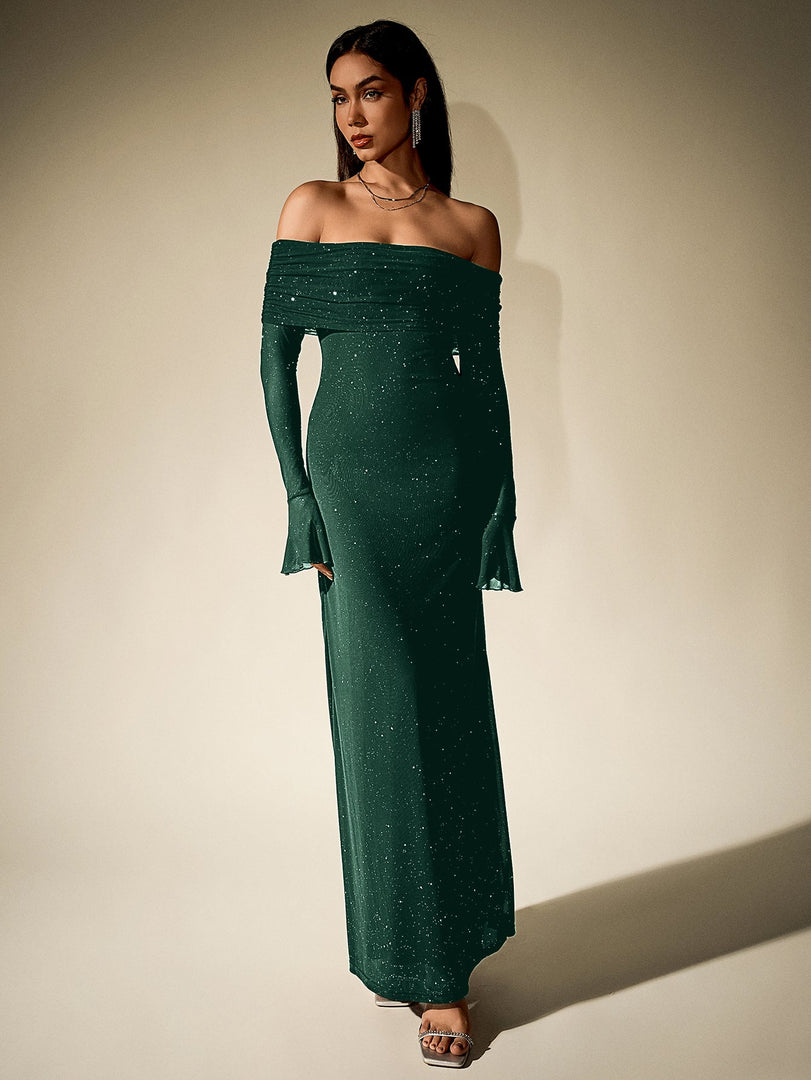 Off Shoulder Flounce Sleeve Mesh Sequin Dress | Homecoming Dress
