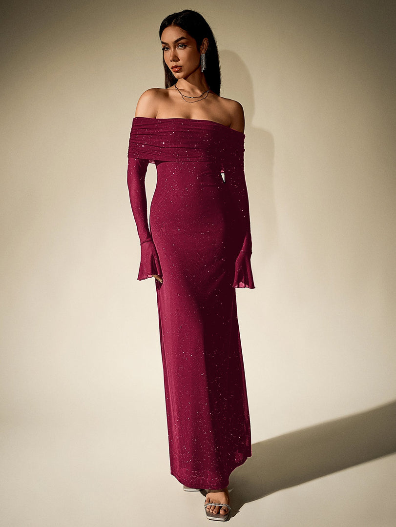 Off Shoulder Flounce Sleeve Mesh Sequin Dress | Homecoming Dress
