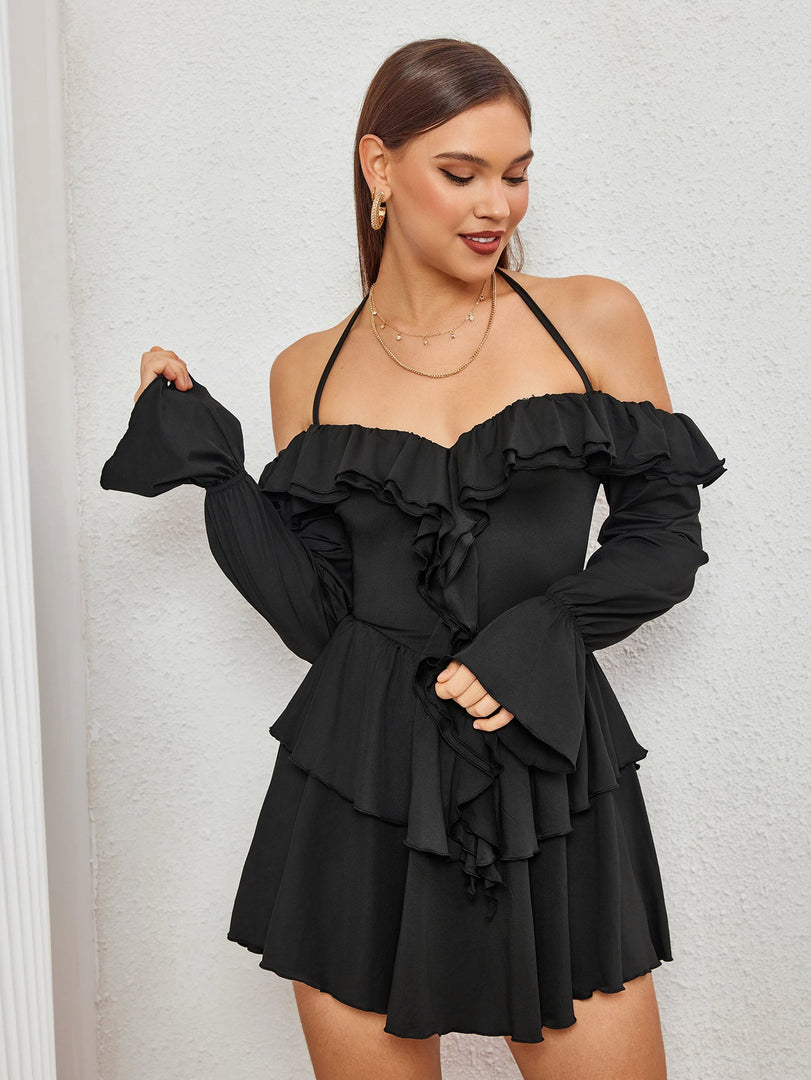 Off Shoulder Halter Ruffle Tiered Dress | Wedding Guest Dress, Vacation Dress