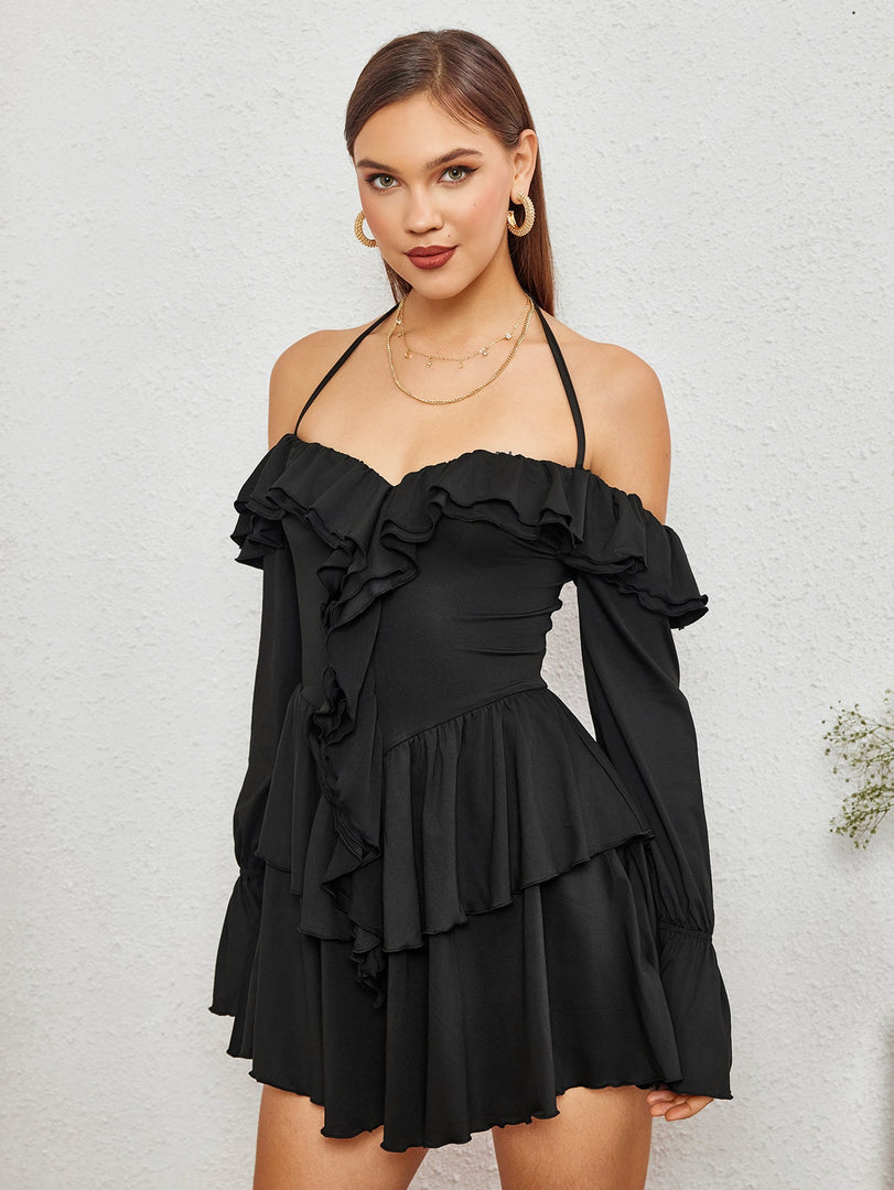 Off Shoulder Halter Ruffle Tiered Dress | Wedding Guest Dress, Vacation Dress