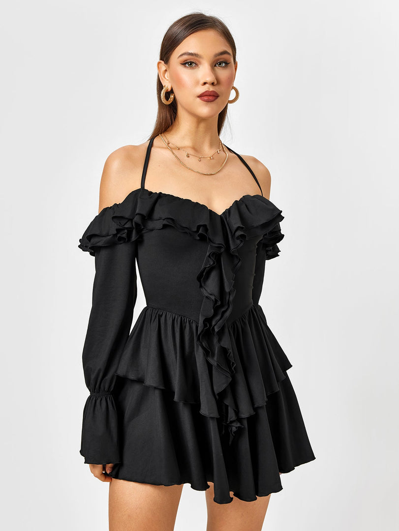 Off Shoulder Halter Ruffle Tiered Dress | Wedding Guest Dress, Vacation Dress