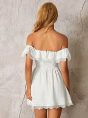 Off Shoulder Lace Trim Bow Tie Front Mini Dress | Homecoming Dress