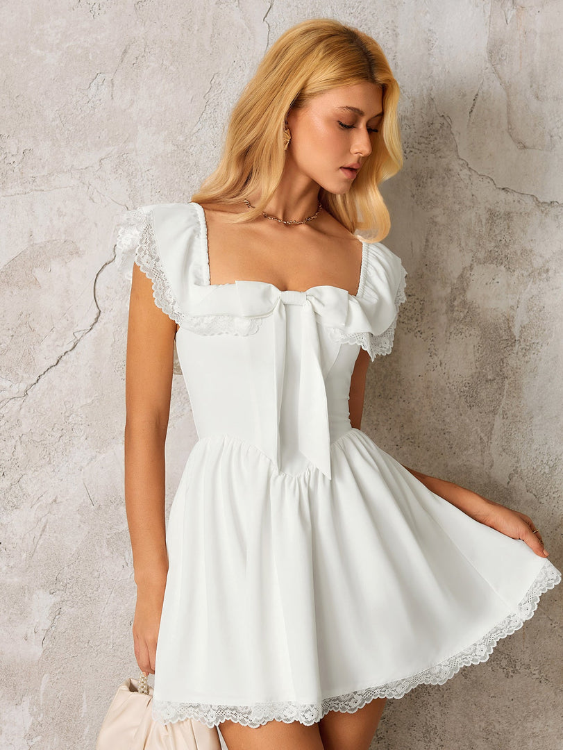 Off Shoulder Lace Trim Bow Tie Front Mini Dress | Homecoming Dress