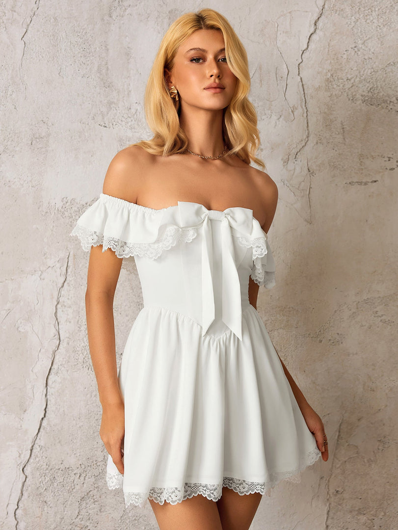 Off Shoulder Lace Trim Bow Tie Front Mini Dress | Homecoming Dress