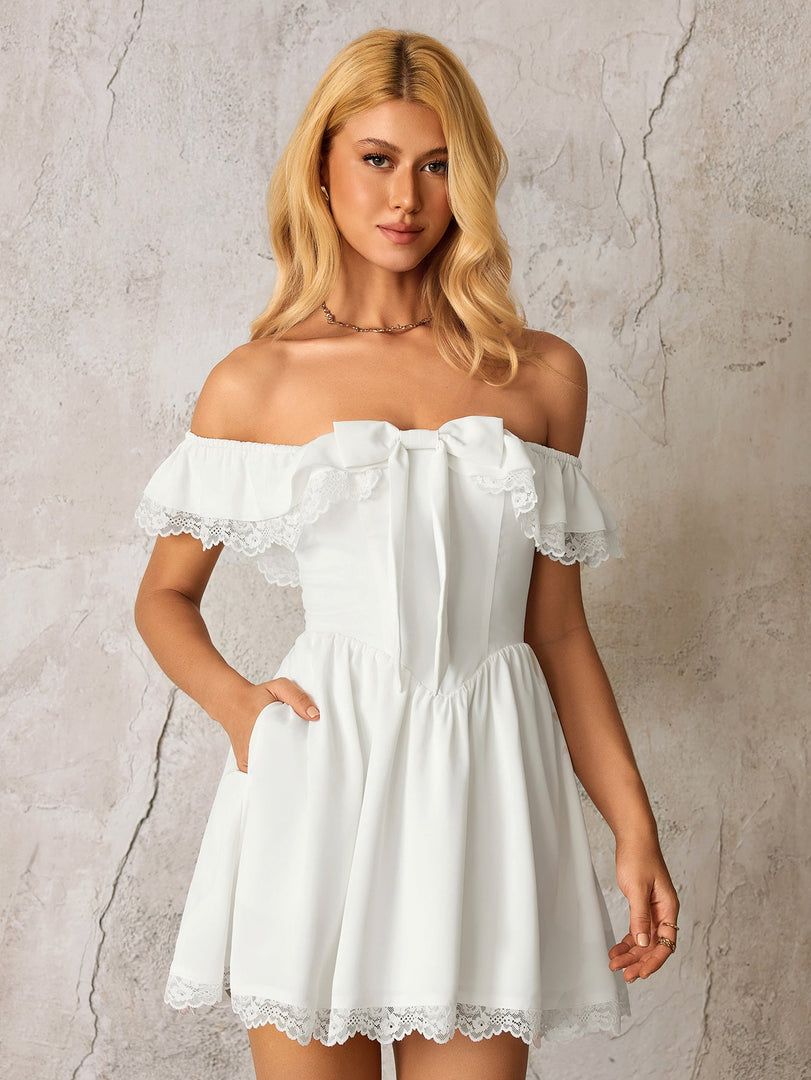 Off Shoulder Lace Trim Bow Tie Front Mini Dress | Homecoming Dress