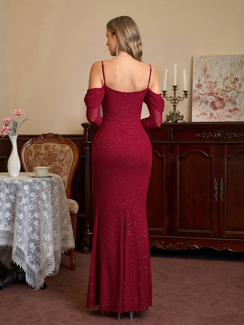 Off Shoulder Ruched Bust Mesh Sequin Mermaid Dress | Homecoming Dress
