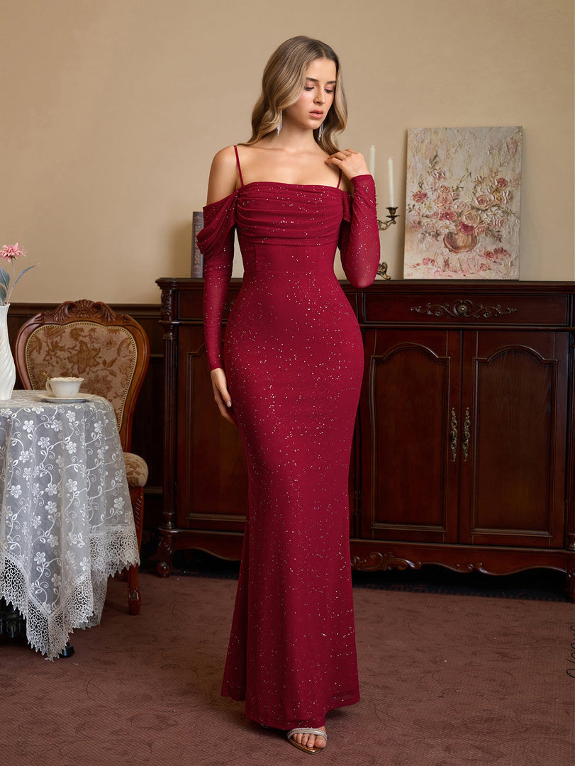 Off Shoulder Ruched Bust Mesh Sequin Mermaid Dress | Homecoming Dress