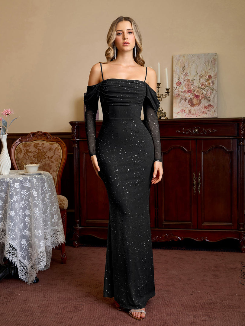 Off Shoulder Ruched Bust Mesh Sequin Mermaid Dress | Homecoming Dress