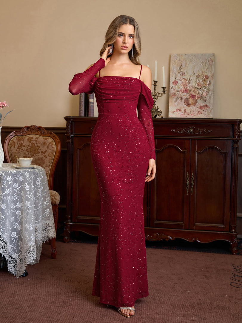 Off Shoulder Ruched Bust Mesh Sequin Mermaid Dress | Homecoming Dress