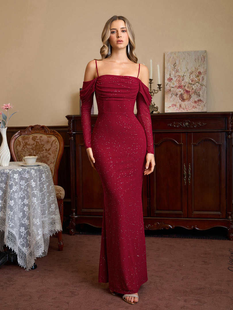 Off Shoulder Ruched Bust Mesh Sequin Mermaid Dress | Homecoming Dress