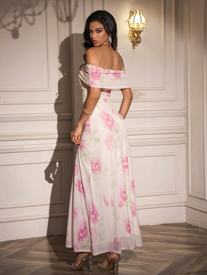 Off Shoulder Ruched Floral Print Dress | Wedding Guest Dress, Vacation Dress