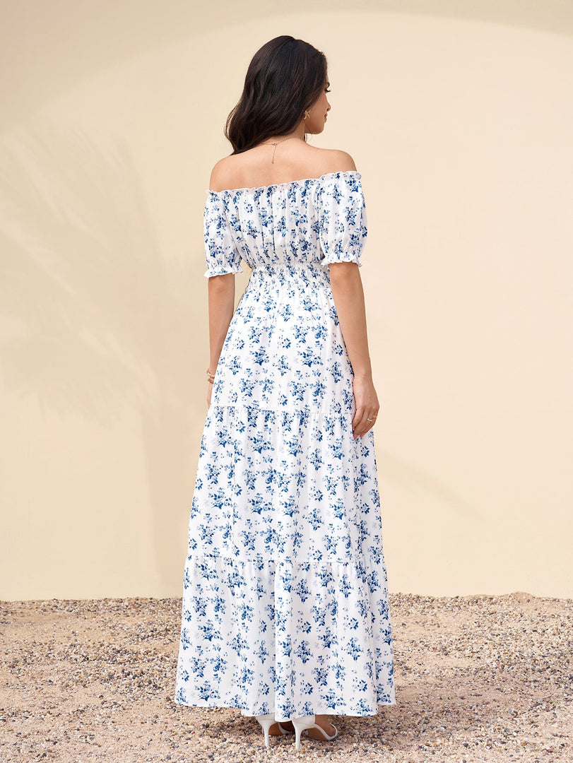 Off Shoulder Ruched Pocket Floral Print Maxi Dress | Wedding Guest Dress, Vacation Dress