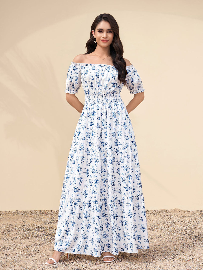 Off Shoulder Ruched Pocket Floral Print Maxi Dress | Wedding Guest Dress, Vacation Dress