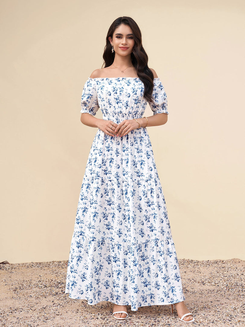 Off Shoulder Ruched Pocket Floral Print Maxi Dress | Wedding Guest Dress, Vacation Dress