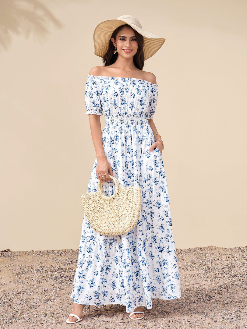 Off Shoulder Ruched Pocket Floral Print Maxi Dress | Wedding Guest Dress, Vacation Dress
