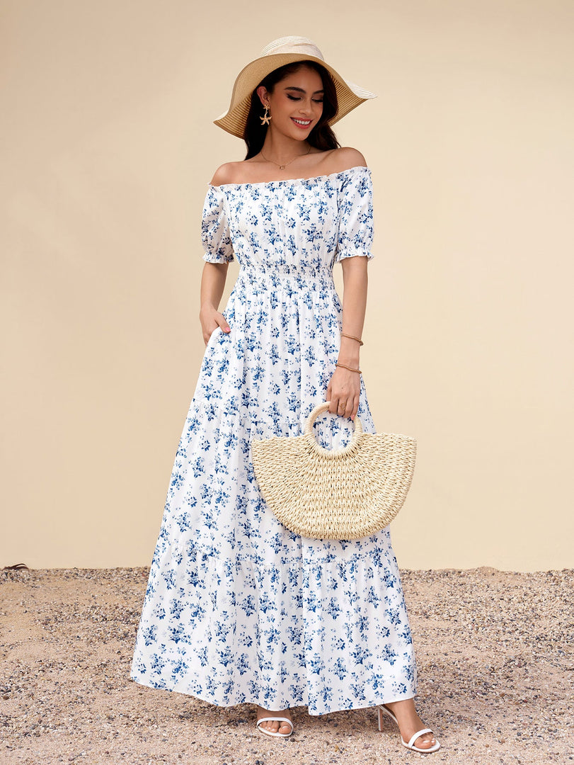 Off Shoulder Ruched Pocket Floral Print Maxi Dress | Wedding Guest Dress, Vacation Dress