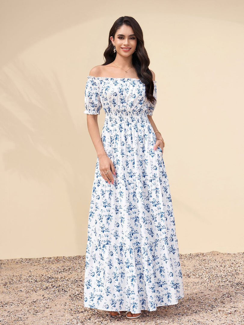 Off Shoulder Ruched Pocket Floral Print Maxi Dress | Wedding Guest Dress, Vacation Dress