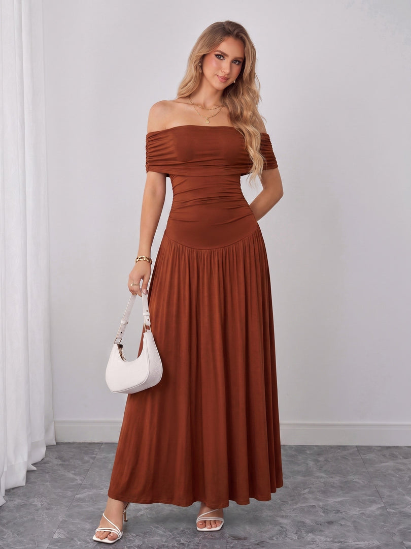 Off Shoulder Ruched Solid Maxi Dress | Formal Dress