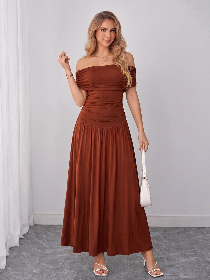 Off Shoulder Ruched Solid Maxi Dress | Formal Dress