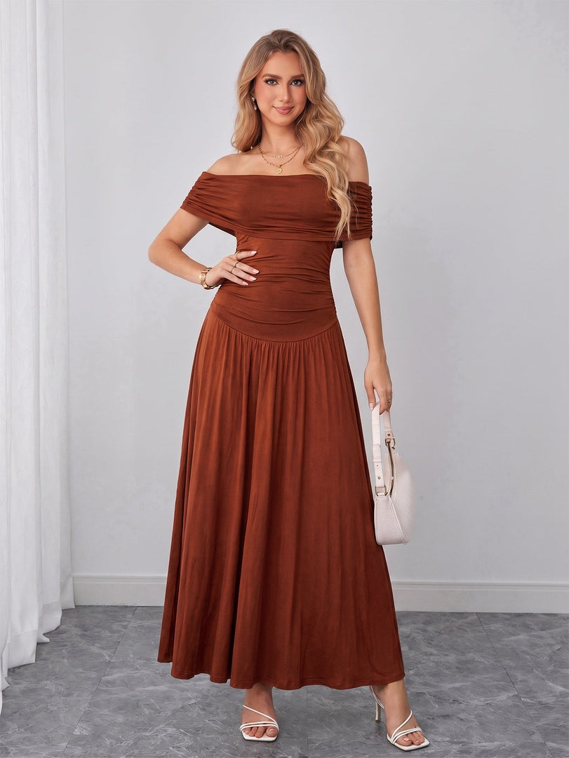 Off Shoulder Ruched Solid Maxi Dress | Formal Dress