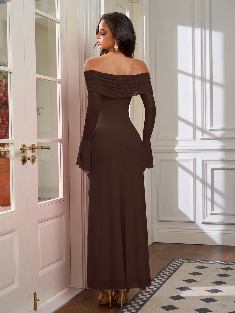 Off Shoulder Ruched Tie Front Flounce Sleeve Mesh Dress | Wedding Guest Dress, Vacation Dress