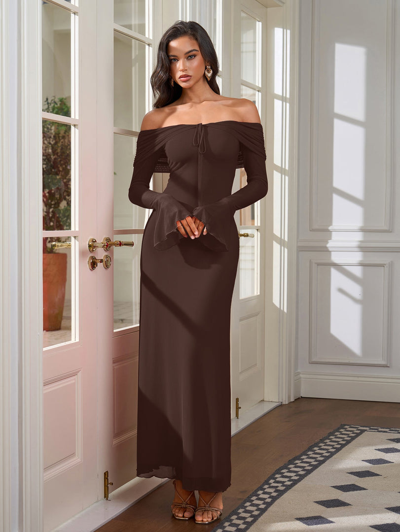 Off Shoulder Ruched Tie Front Flounce Sleeve Mesh Dress | Wedding Guest Dress, Vacation Dress