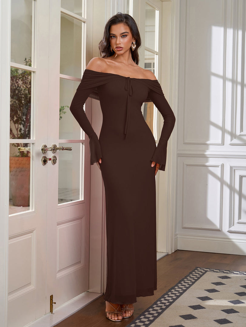 Off Shoulder Ruched Tie Front Flounce Sleeve Mesh Dress | Wedding Guest Dress, Vacation Dress