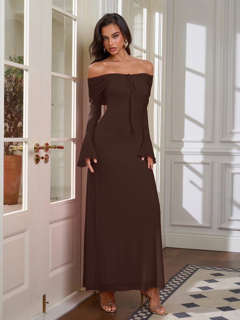 Off Shoulder Ruched Tie Front Flounce Sleeve Mesh Dress | Wedding Guest Dress, Vacation Dress