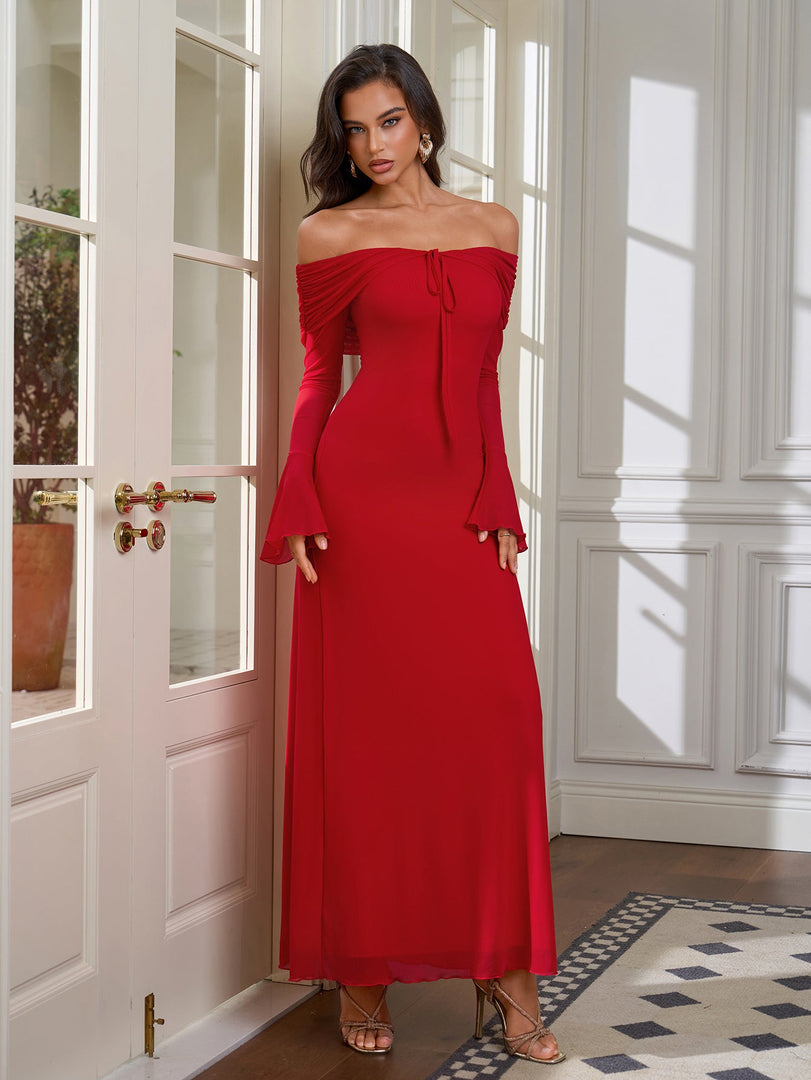 Off Shoulder Ruched Tie Front Flounce Sleeve Mesh Dress | Wedding Guest Dress, Vacation Dress
