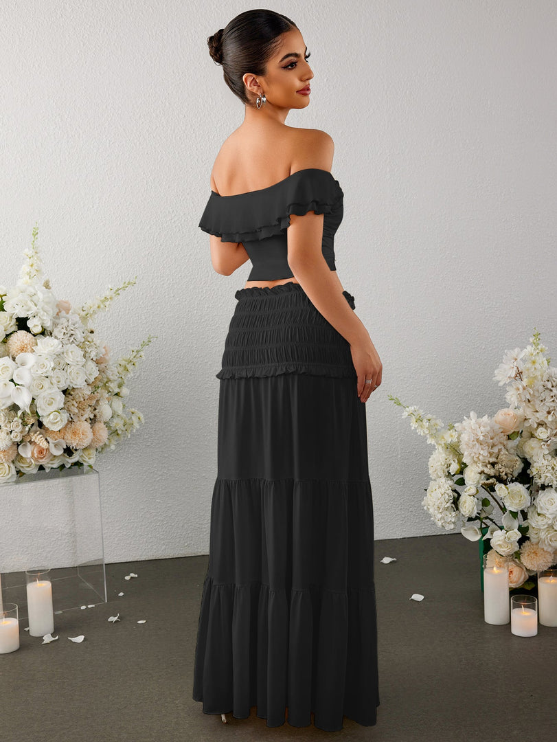 Off Shoulder Ruched Twist Front Top&Ruffle Low Waist Skirt | Vacation Two-Piece Set