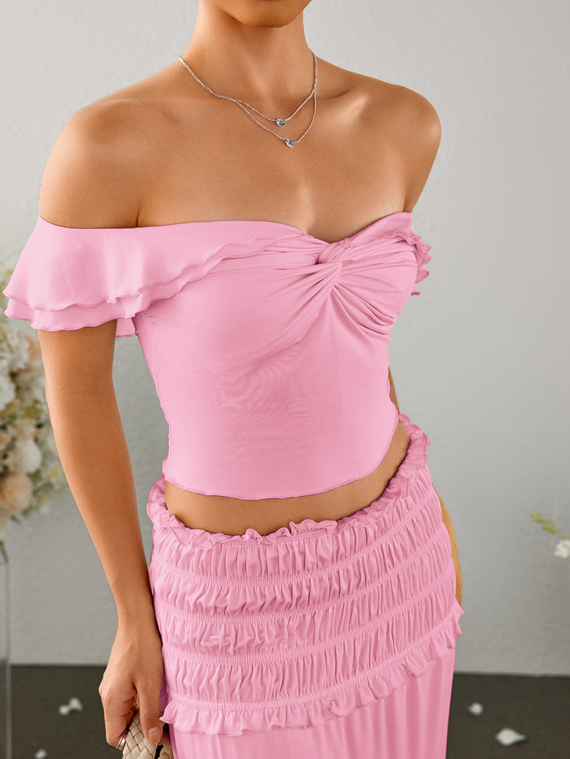 Off Shoulder Ruched Twist Front Top&Ruffle Low Waist Skirt | Vacation Two-Piece Set