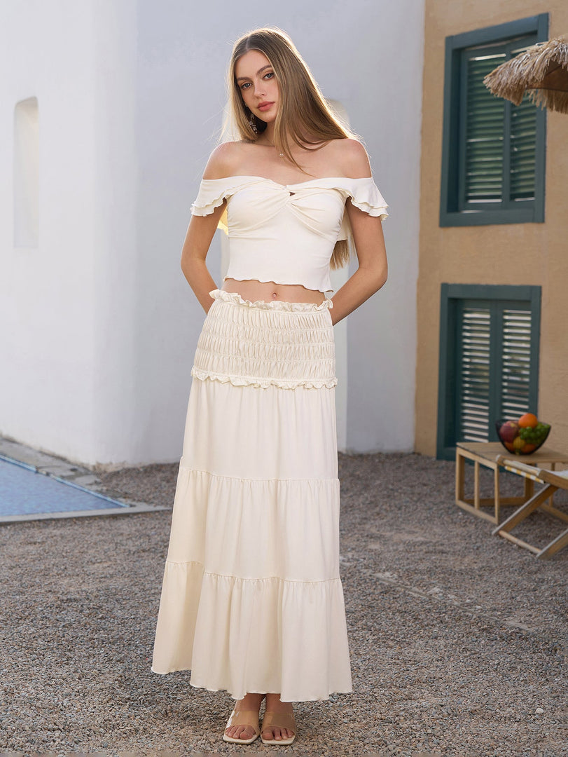 Off Shoulder Ruched Twist Front Top&Ruffle Low Waist Skirt | Vacation Two-Piece Set