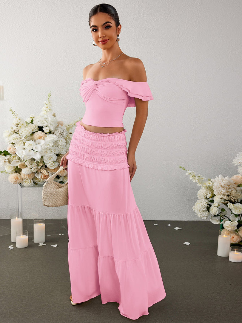 Off Shoulder Ruched Twist Front Top&Ruffle Low Waist Skirt | Vacation Two-Piece Set