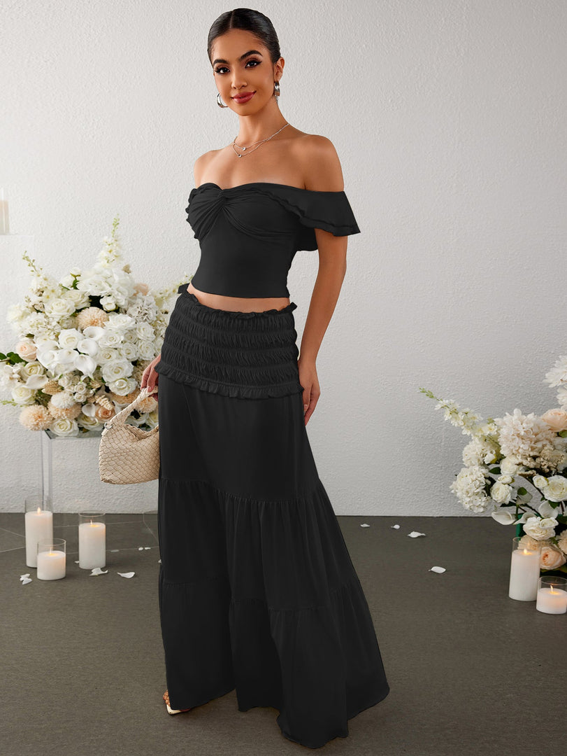 Off Shoulder Ruched Twist Front Top&Ruffle Low Waist Skirt | Vacation Two-Piece Set