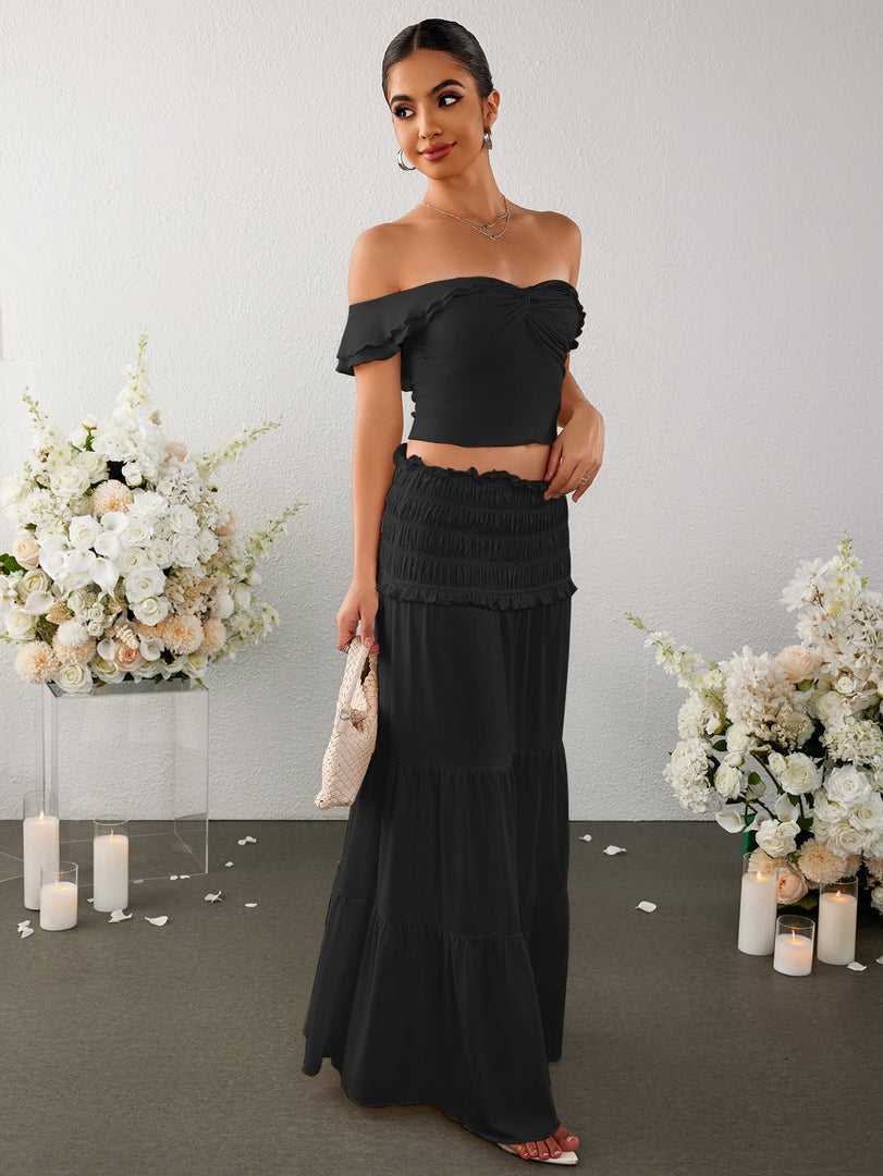 Off Shoulder Ruched Twist Front Top&Ruffle Low Waist Skirt | Vacation Two-Piece Set